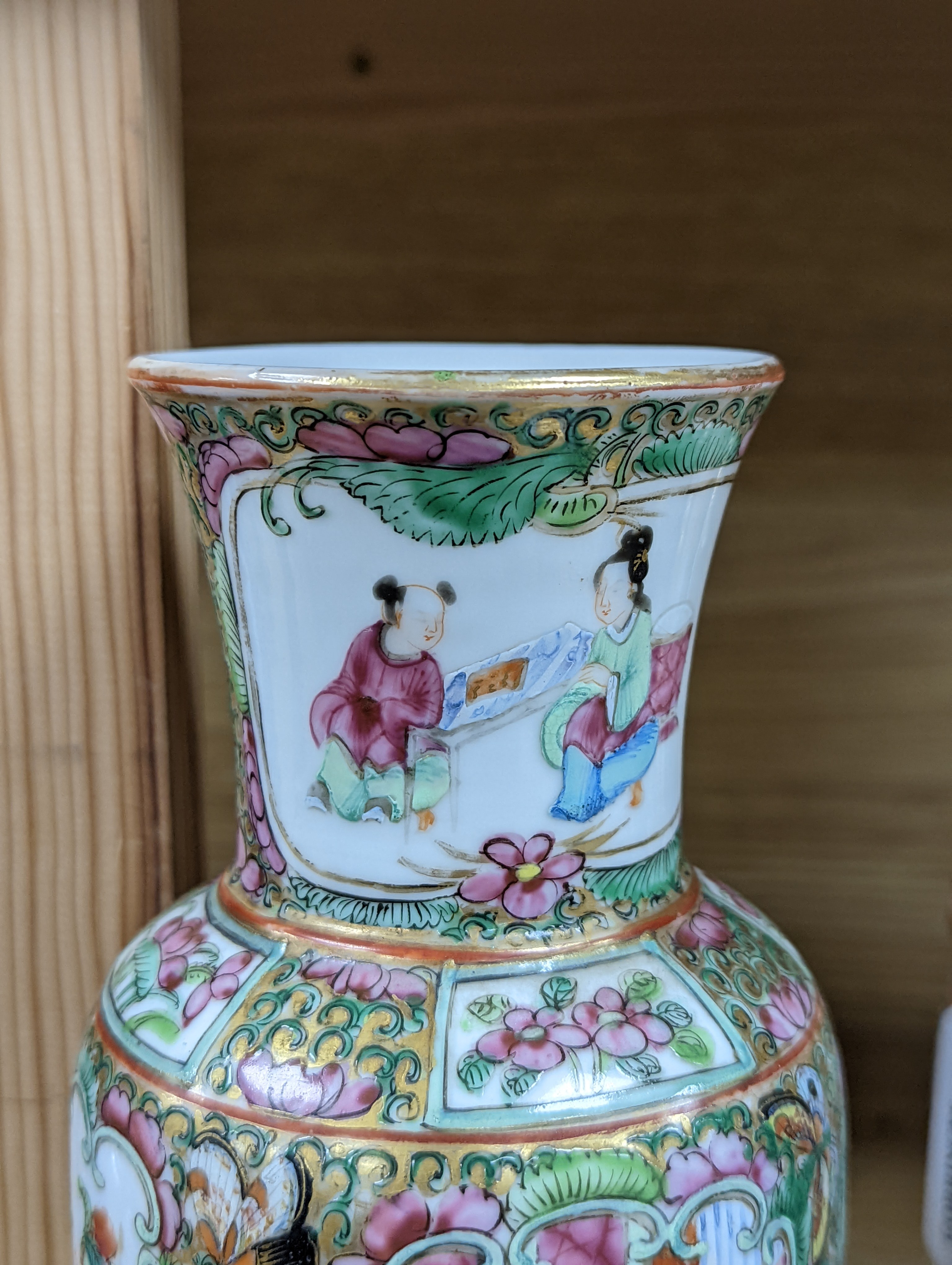 Two Chinese famille rose vases, late 19th century, tallest 26 cm, one wood stand, some restoration